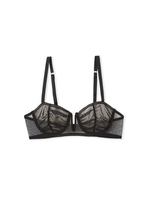 Soutien-gorge en mesh noir avec des bonnets transparents, des coutures structurées et un arc-en-ciel ; dispose de bretelles réglables et d'une fermeture à crochets dans le dos.