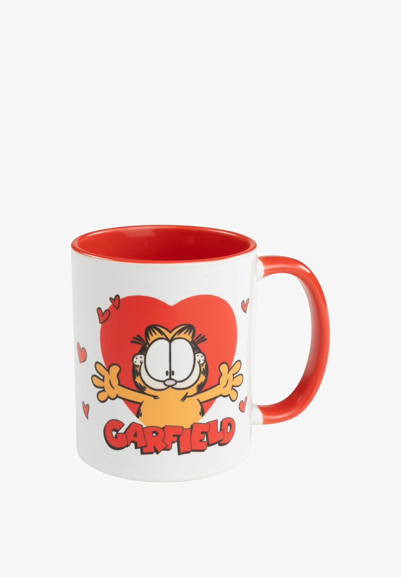 Tazza in ceramica bianca con interno e manico rossi. Presenta un gatto dei cartoni animati con grandi occhi, circondato da un cuore e la parola "GARFIELD" in rosso.