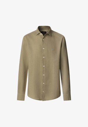 Khaki long-sleeve shirt made of textured fabric, featuring a classic collar, button front, and small embroidered logo on the chest.