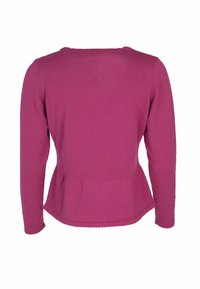 Long-sleeve, peplum top in solid magenta, featuring a round neckline and textured fabric with scalloped hem detail.