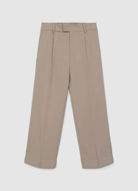 Beige Hosen mit weitem Bein, vorne plisseeartiger Falten und einer glatten Textur. Verfügen über eine Gürtelschlaufe und einen umgeschlagenen Saum.