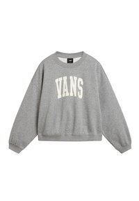 Grijze sweatshirt met een lagere schouderlijn, geribde manchetten en een ronde halslijn. Heeft een grote witte "VANS" op de voorkant gedrukt.