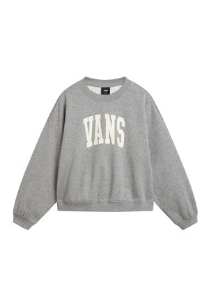 Grauer Sweatshirt mit überschnittenen Schultern, gerippten Bündchen und rundem Halsausschnitt. Besitzt einen großen weißen "VANS"-Aufdruck auf der Vorderseite.
