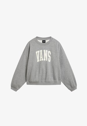 Felpa grigia con spalle scese, polsini a coste e scollatura rotonda. Presenta una grande stampa bianca "VANS" sulla parte anteriore.
