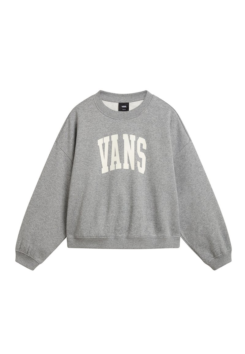 Grijze sweatshirt met een lagere schouderlijn, geribde manchetten en een ronde halslijn. Heeft een grote witte "VANS" op de voorkant gedrukt.