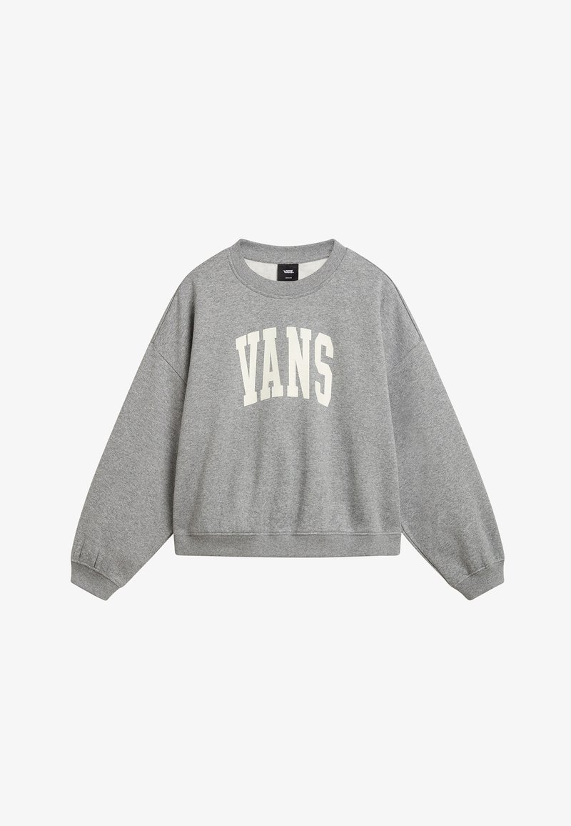 Felpa grigia con spalle scese, polsini a coste e scollatura rotonda. Presenta una grande stampa bianca "VANS" sulla parte anteriore.