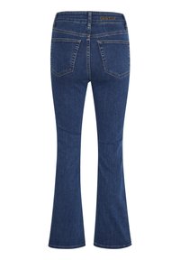 Tummansiniset leveälahkeiset farkut, joissa on korkea vyötärö, valmistettu deninistä. Siinä on kaksi takataskua ja logo vyötärönauhan kohdalla.