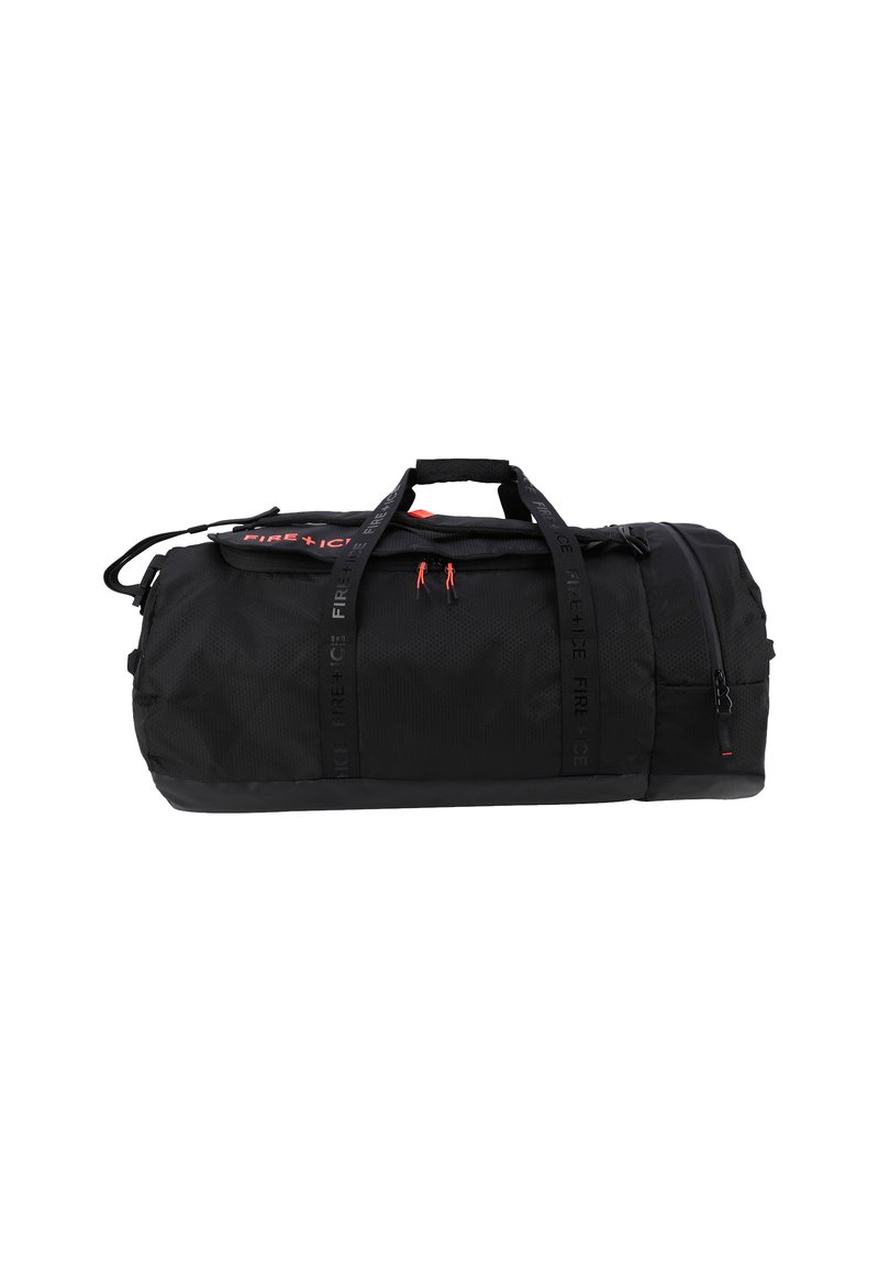 Black duffle bag with a textured surface, dual handles, and a side zipper pocket. Features red accents and branded straps.