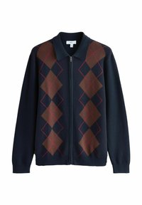 Námořnický svetr se zipem v přední části, s hn�ědým a modrým argyle vzorem lemovaným červenou barvou. Měkká textura, design límce a dlouhé rukávy.