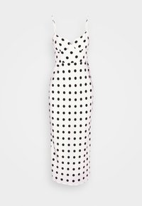 Vit ärmlös midiklänning med svarta prickar, figursydd silhuett, hjärtformad halsringning och tunna axelremmar.