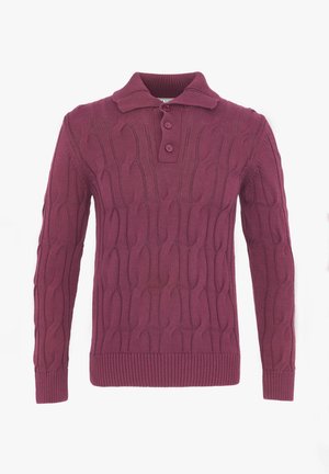 Heren lange mouwen pruimenkleurige kabelgebreide trui met kraag en drie knopen verkleining, geribde boorden en zoom.
