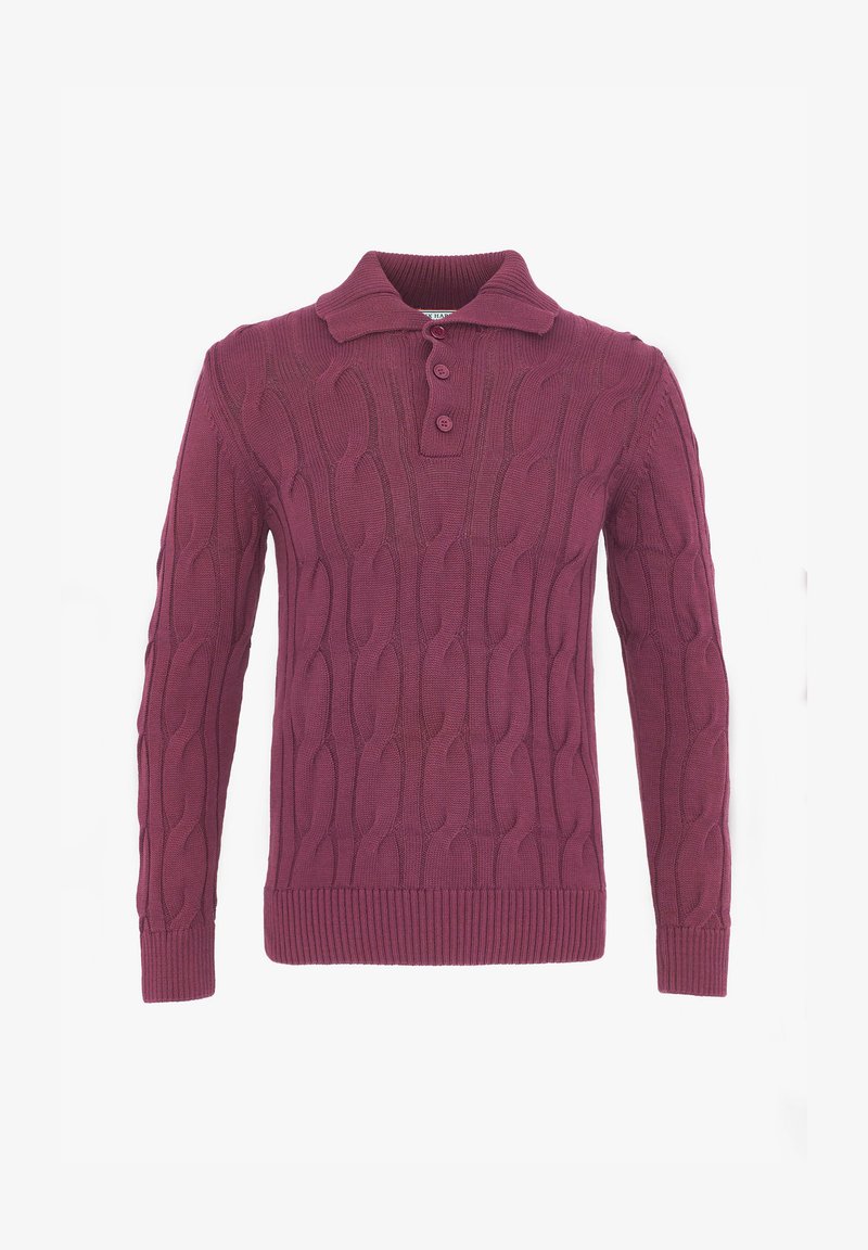 Pull homme à manches longues en maille torsadée prune avec col, patte à trois boutons, poignets et ourlet côtelés.
