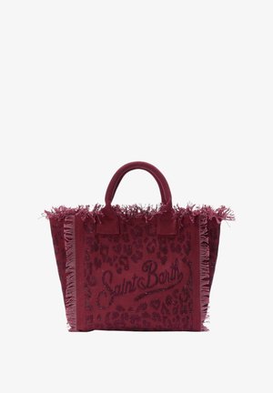Grande borsa tote bordeaux con bordi sfrangiati, motivo leopardato e "Saint Barth" ricamato sul davanti, con due manici arrotondati.