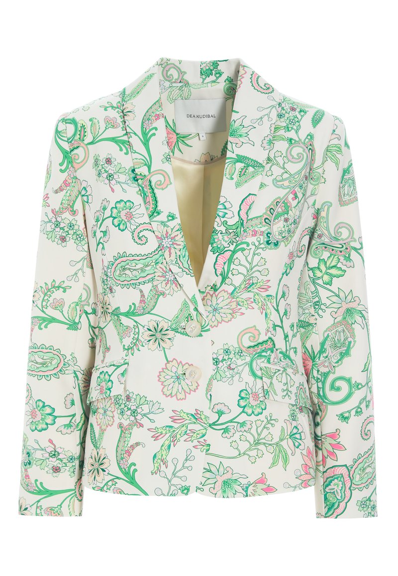 Blazer su gėlių paisley raštu žalia ir rožinė spalvomis ant šviesaus fono, su satino vidumi, įpjovomis apykaklėmis ir mygtukų uždarymu.