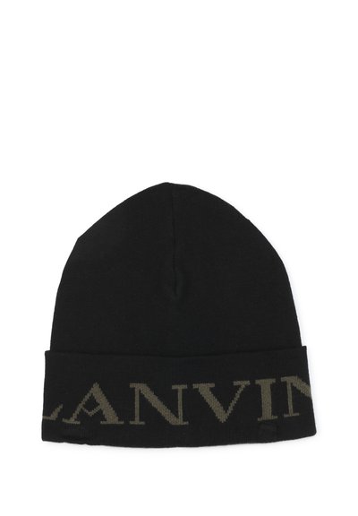 Gorro preto de malha com uma dobra na parte superior, apresentando o nome da marca "LANVIN" em letras beje contrastantes, exibindo uma textura suave.