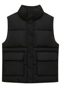 Veste noire matelassée sans manches avec col montant, boutons-pression à l'avant et deux grandes poches à rabat.