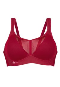 Roter Netz-Sport-BH mit breiten Trägern, strukturierter Form und rundem Ausschnitt. Verfügt über ein Logodetail am Band.