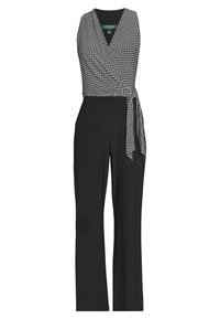 Svart jumpsuit med en överdel i omslagstil som har ett vitt hundtandsmönster, tunn midjeband, vida ben och en mjuk tygtextur.