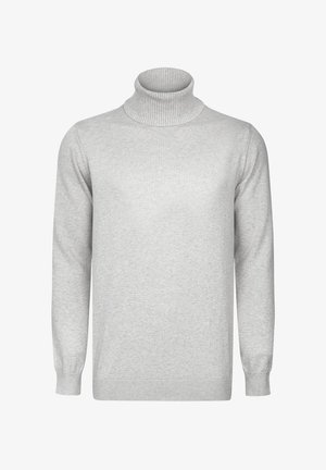 Pull à col roulé gris clair en tissu tricoté doux. Possède des manches longues et des bords-côtes aux poignets et au col pour une texture supplémentaire.
