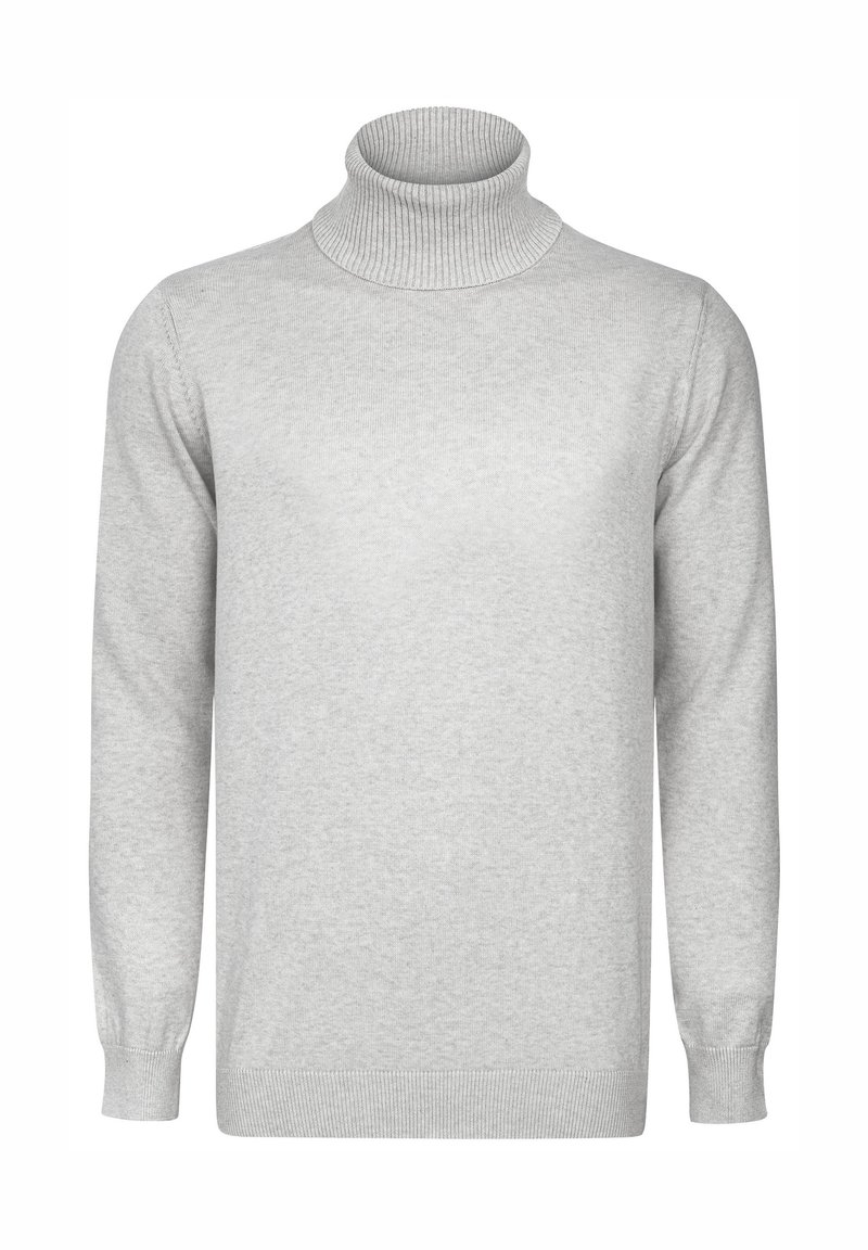 Hellgrauer Rollkragenpullover aus weichem, gestricktem Stoff. Hat lange Ärmel sowie gerippte Bünde und einen gerippten Kragen für zusätzlichen Textur.