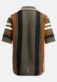 Collared short-sleeve shirt featuring a mesh knit structure with vertical stripes in green, orange, black, and cream. Textured fabric.