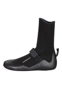 Neoprene diving boots in black, featuring a tall shaft, textured rubber sole, adjustable strap, and a five-toe design for better grip.