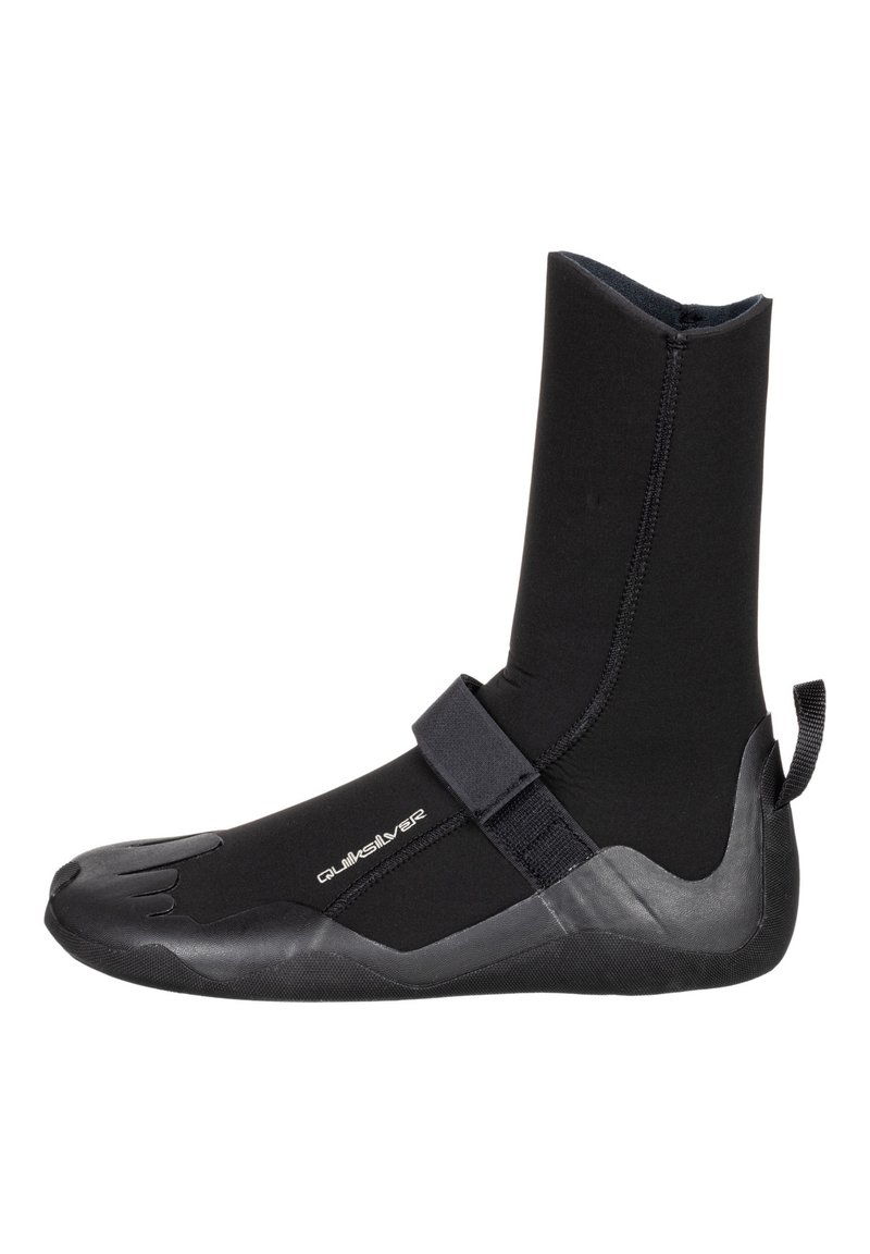Neoprene diving boots in black, featuring a tall shaft, textured rubber sole, adjustable strap, and a five-toe design for better grip.