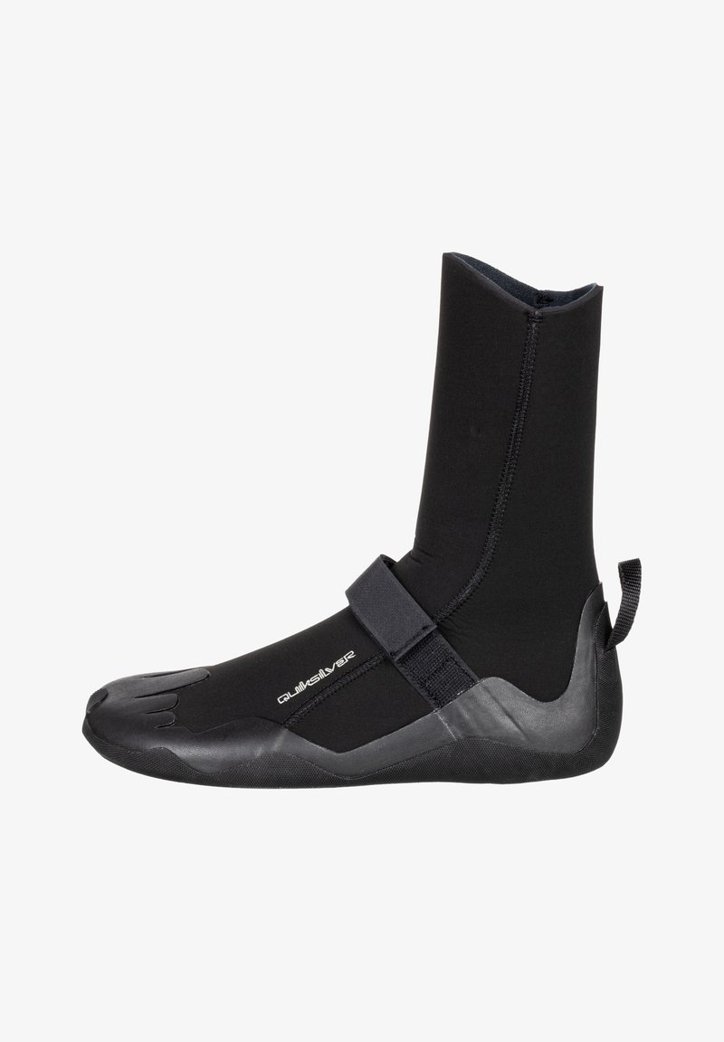 Neoprene diving boots in black, featuring a tall shaft, textured rubber sole, adjustable strap, and a five-toe design for better grip.