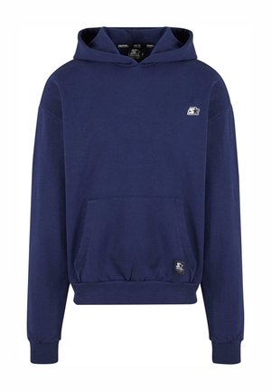 Navy blue hoodie with kangaroo pocket, ribbed cuffs and hem, and a small logo patch on the chest. Made from soft, comfortable fabric.