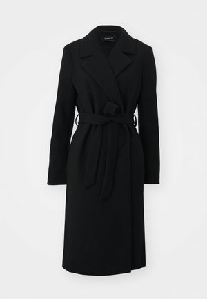 Black wrap coat featuring a notched collar, long sleeves, belt at the waist, and a straight cut, made from a soft, textured fabric.