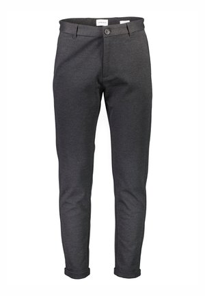 Dunkelgraue, schmal zulaufende Hose aus weichem Material, mit einer vorderen Knopfleiste, Reißverschluss und umgeschlagenen Säumen für einen sauberen Abschluss.