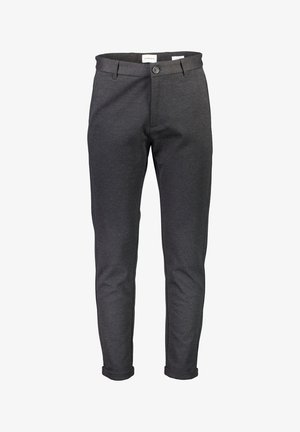 Tummanharmaat kapenevat housut, valmistettu pehmeästä materiaalista, joissa on edessä nappi- ja vetoketjusuljenta sekä käännetyt lahkeenvarret siistiä viimeistelyä varten.