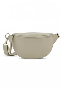 Borsa a tracolla in ecopelle verde chiaro con forma arrotondata, cerniera argentata, tracolla regolabile e logo impresso sulla parte anteriore.