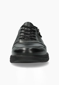 Schwarzer Lederschuh mit runder Zehenform, ausgestattet mit kontrastierenden Nahtdetails, Schnürung vorne und einem schrägen Reißverschluss an der Seite.