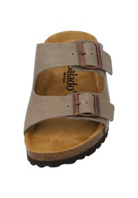 Sandal in grigio chiaro con due cinturini, fibbie in metallo marroni, suola in sughero curvata e sottopiede in suede testurizzato. Design minimalista con punta aperta.