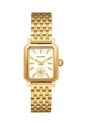 Złoty, prostokątny zegarek na rękę z białą tarczą, złotymi wskaźnikami i wskazówkami, logo Tory Burch o godzinie 6 oraz bransoletą ogniwkową.