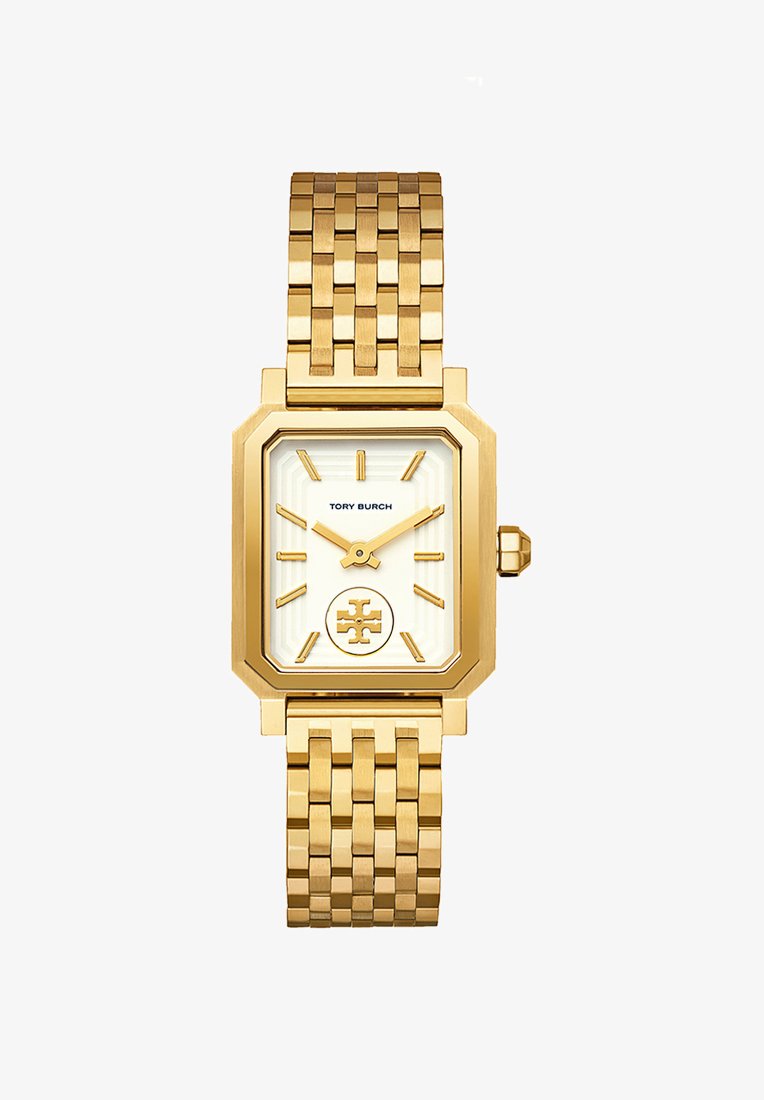 Orologio da polso rettangolare tono oro con quadrante bianco, indici e lancette dorati, logo Tory Burch a ore 6 e cinturino a maglie.