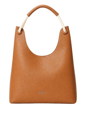 Borsa a mano in pelle color cuoio con parte superiore curva e manico in corda bianca, con piccolo logo "Twinset Milano" in basso al centro.