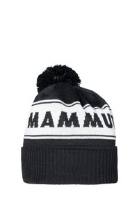 Berretto a maglia bianco e nero con pompon in cima, caratterizzato da una scritta "MAMMUT" in grassetto e un bordo a coste testurizzato.