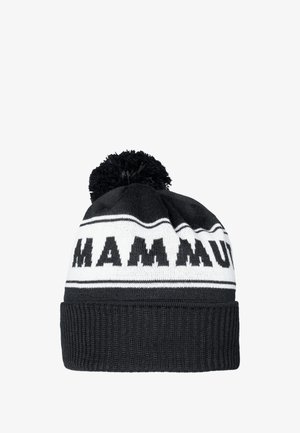 Svart och vit stickad mössa med en pom-pom på toppen, som har fet "MAMMUT"-text och en strukturerad ribbad muddar.