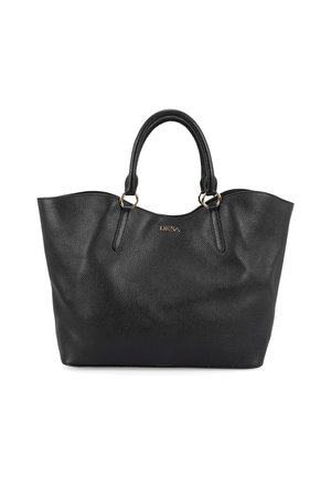 Zwarte leren tote bag met een gestructureerde afwerking, twee korte handvatten en gouden accenten. Brede opening en gestructureerde vorm.