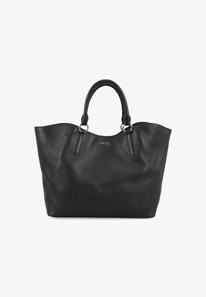 Sac fourre-tout en cuir noir avec une finition texturée, deux poignées courtes et des accessoires en or. Ouverture large et forme structurée.