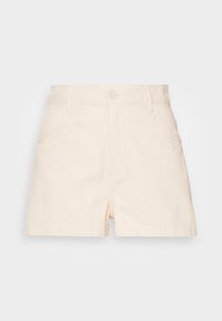 Calções de algodão bege com uma cintura alta, apresentando um fecho frontal com botão, dois bolsos laterais e um acabamento suave e texturizado.