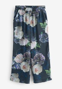 Pantalones florales con fondo azul marino oscuro, grandes patrones florales blancos y morados, cintura elástica y bolsillos laterales.