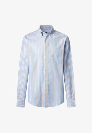 Maglietta abbottonata in cotone azzurro chiaro con righe verticali arancioni e gialle. Presenta una tasca sul petto e un colletto classico.