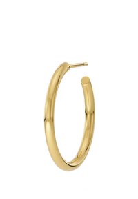 Kullatoonisest rõngakujulisest kõrvarõngast, millel on sile ja ümar disain ning turvaline postlukustus. Läikiv viimistlus tõstab esile selle peegeldusomadusi.