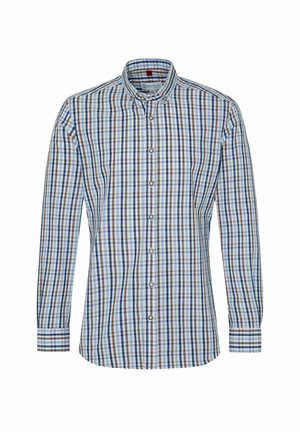 Chemise à manches longues avec un motif à carreaux bleu et marron, col classique et poignets arrondis. Fabriquée en tissu tissé léger.