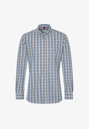 Langärmliges Hemd mit Knopfleiste in einem blauen und braunen Karomuster, klassischem Kragen und abgerundeten Manschetten. Hergestellt aus einem leichten gewebten Stoff.