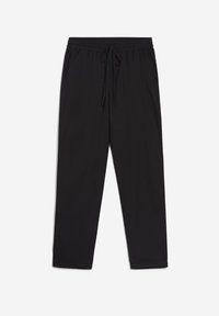 Pantaloni jogger neri realizzati in un tessuto morbido e leggero. Presentano un cinturino elastico con cordino, tasche laterali e gamba affusolata.