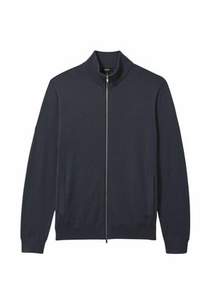 Dunkelblaue Zip-up-Jacke aus Stoff mit hohem Kragen, zwei Seitentaschen und gerippten Bündchen und Saum. Glatte Textur, schlichtes Design.